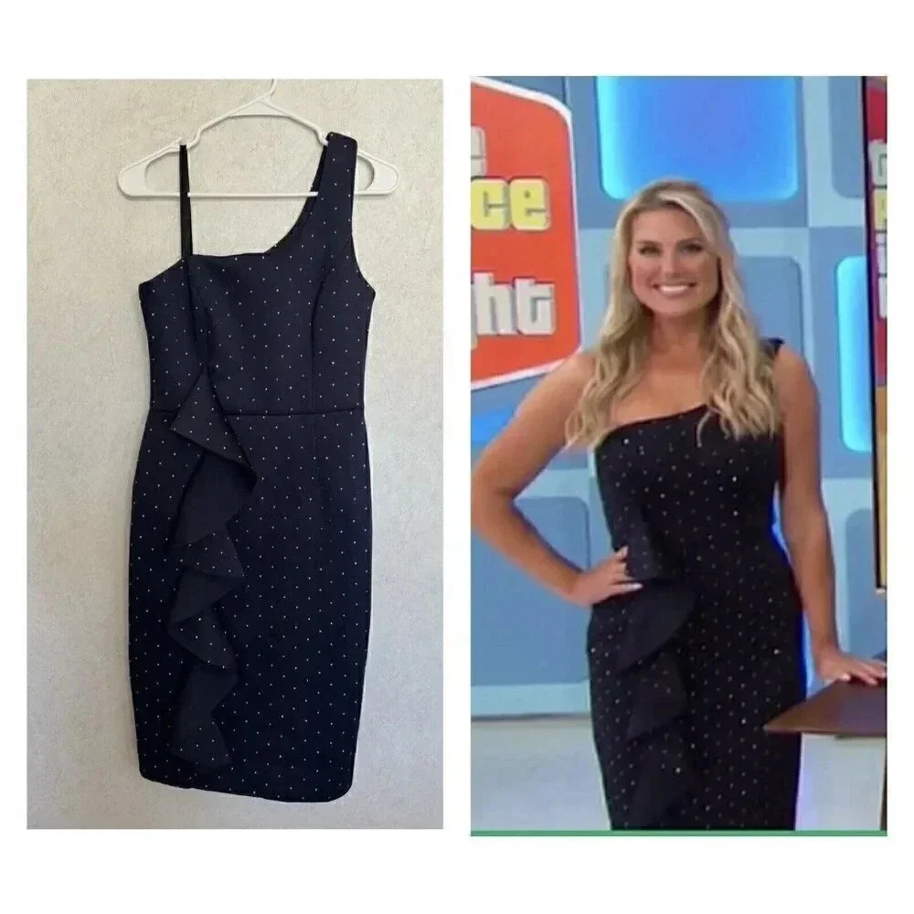 NWT BETSY & ADAM One Shoulder Ruffle Grommet Sheath Dress Navy Metal Stud Sz 8